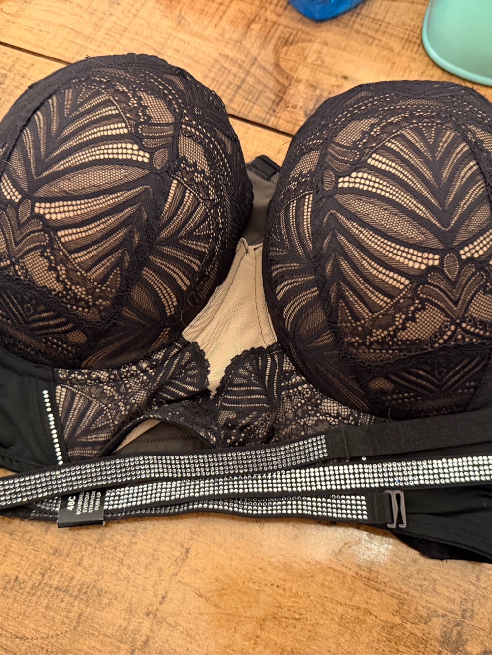 Sheer Lace Underwire Bra with Embellished Band - Black